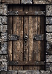 A wooden door with wrought iron details in a stone wall 9