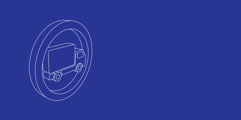 The outline of a large truck traffic sign made of white lines on the left. 3D view of the object in perspective. Vector illustration on indigo background