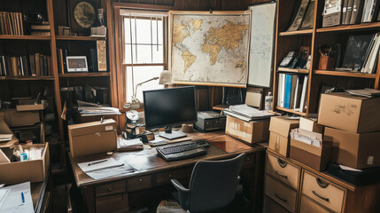 Detective office room with desk. Police station interior with crime evidence. Investigator table with computer design. Sherlock archive with map on wall and research materials in box inside bureau