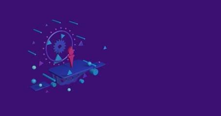 Pink torch symbol on a pedestal of abstract geometric shapes floating in the air. Abstract concept art with flying shapes on the left. 3d illustration on deep purple background