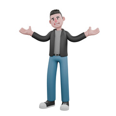 Cartoon-Style 3D Model. A male screenwriter stands with both hands open, happy expression. 3D Design