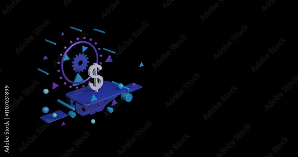 Poster white dollar symbol on a pedestal of abstract geometric shapes floating in the air. abstract concept