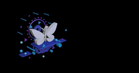 Obraz premium White butterfly symbol on a pedestal of abstract geometric shapes floating in the air. Abstract concept art with flying shapes on the left. 3d illustration on black background