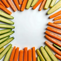 Patate, carote e zucchine tagliate a listelli vegetables on white
