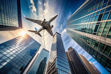 Minimalist View of a Business Aircraft Flying Over Urban High-Rise Buildings, Capturing Modern Architecture and Aerodynamics in a Contemporary Cityscape