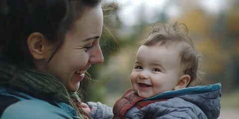 Fototapeta premium A mother holding her smiling baby, both looking at each other with love and happiness in their eyes.
