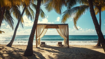 A serene beach scene with a shaded area and chairs, perfect for relaxation by the ocean.