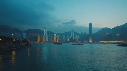 Obraz premium Twilight harbor view of hong kong skyline urban landscape cityscape photography serene atmosphere aesthetic perspective