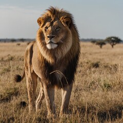 Obraz premium A majestic lion standing proudly in the savanna, with a white background.