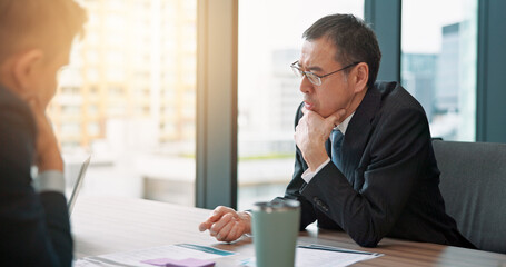 Discussion, document and business people in office for finance, profit or capital gain report. Meeting, paperwork and financial advisors with stakeholder for company investment agreement in Japan.