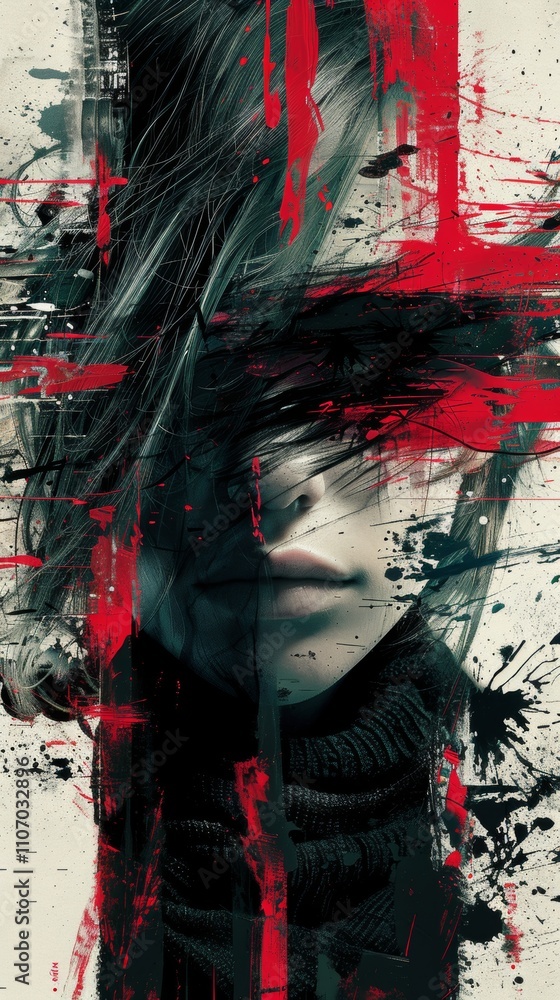 Poster expressive portrait blending chaos and emotion through vivid colors and abstract art in a contempora