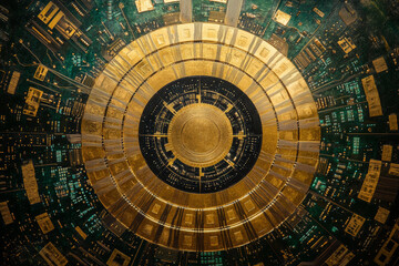 Fototapeta premium A golden and black circular pattern on circuit boards, with green hues in the background. The center of the circle is a large gold ring that resembles an ancient mystical symbol. 