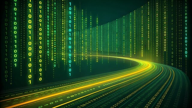 The current binary code stream in green and yellow tones