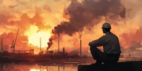 Engineer Exhaling Calmly, Silhouetted by the Fading Light as Evening Sets in Over the Landscape