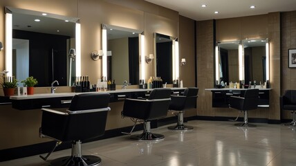 Modern salon interior with stylish stations, mirrors, and black chairs.