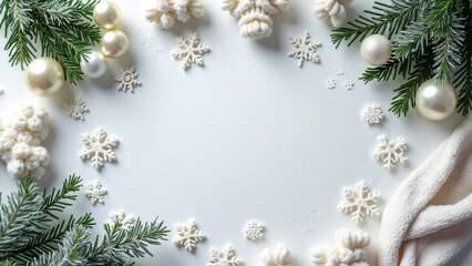 Top view photo of a winter-themed arrangement with white flowers, evergreen sprigs, and soft fabrics on frosty white