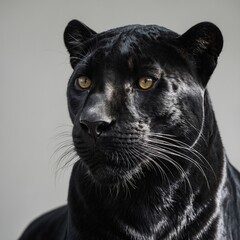 A sleek black panther gazing intently, its shiny fur contrasting against a white background.

