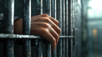 Obraz premium Inmate grasping prison bars correctional facility realistic image dimly lit environment close-up perspective confinement theme