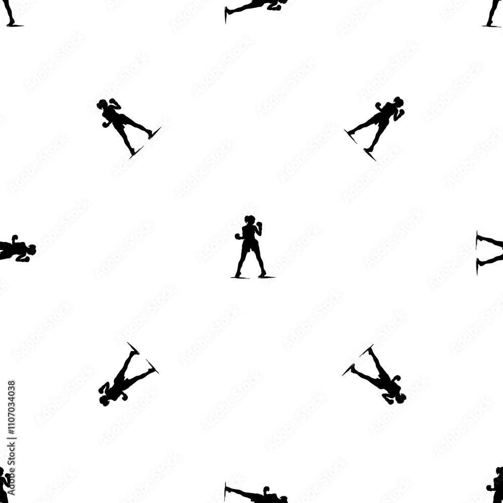 Poster seamless pattern of repeated black boxer girl symbols. elements are evenly spaced and some are rotat