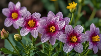 Obraz premium Close-up of four vibrant purple and crimson dahlia flowers with yellow centers, surrounded by green foliage and buds.