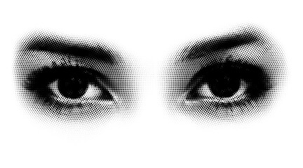 Vector circular halftone eyes, frontal close-up view. Dotted pattern girl eye illustration.