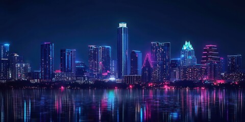 A night view of Austin, showcasing the cityâ€™s vibrant skyline with lights on tall buildings.
