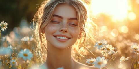 Fototapeta premium Portrait of a Woman with Freckles Smiling in a Field of Daisies