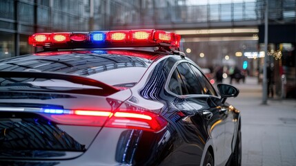 Obraz premium Emergency response vehicle urban setting action shot public space side view law enforcement in motion