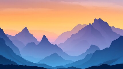 Fototapeta premium Serene Sunset over a Misty, Blue-Hued Mountain Range