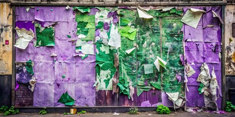 Layered Abstract Wall Texture of Tattered Posters in Green and Purple Hues