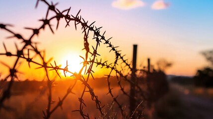 Sunset over barbed wire fencing nature landscape tranquil environment captivating viewpoint emotive concept