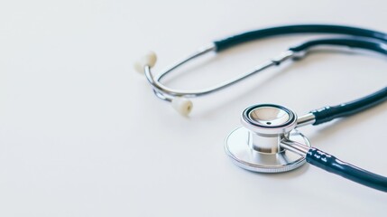 A close-up of a medical stethoscope placed on a white background, Clean and simple style, photo of