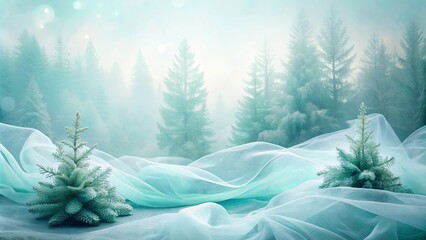 Obraz premium Enchanted Winter Wonderland Two Miniature Evergreens Nestled in Flowing, Light Blue Fabric Against a Misty Forest Backdrop