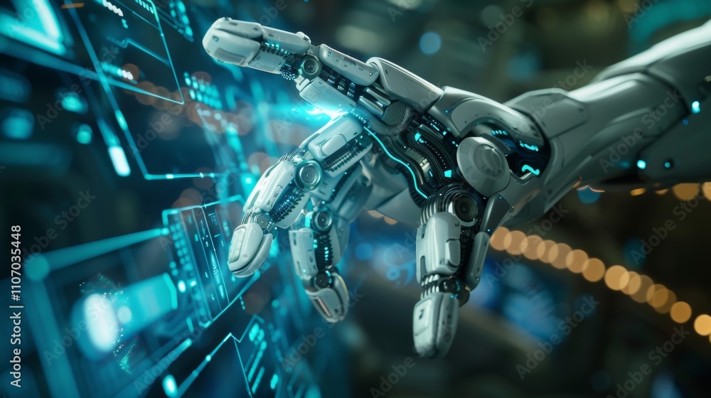 Poster advanced robotic arm interacting with futuristic digital interface: a glimpse into the technological