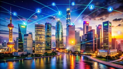 Obraz premium Modern Architectural Representation of Global Money Transfer Networks with Digital Connections and Financial Symbols Highlighting International Commerce and Technology