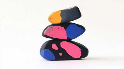 Abstract Sculpture of Colorful Painted Rocks on White Background - Modern Art and Design