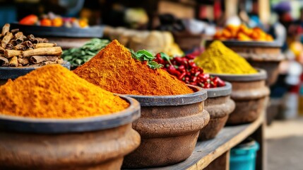 Fototapeta premium Colorful spices display at local market culinary adventure vibrant environment close-up view cultural connection