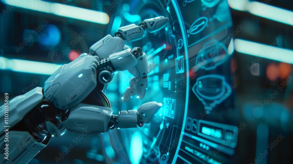 Poster robotic hand interacting with futuristic holographic interface advanced technology innovation