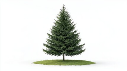 A Single Evergreen Tree on a Patch of Grass Against a White Background