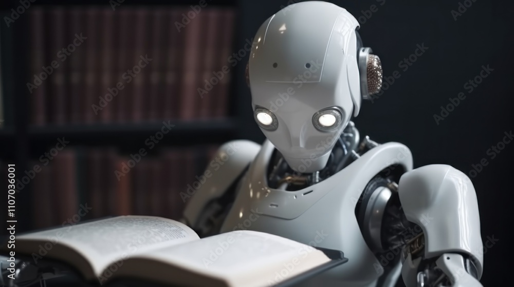 Poster a futuristic robot engrossed in reading a book, placed against a backdrop of a library filled with n