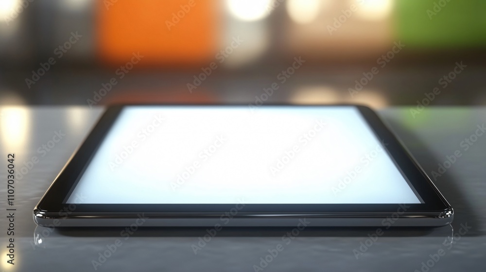 Poster sleek tablet on reflective surface: modern tech in softly lit setting