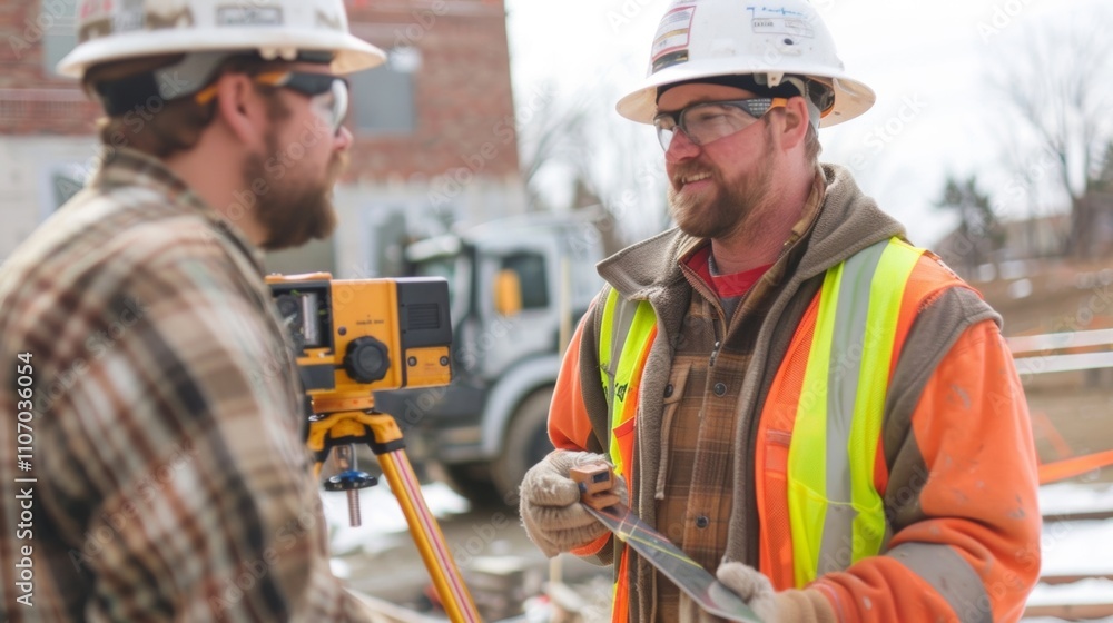 Poster A construction worker using a laser level to align materials while another worker communicates measurements and adjustments through a walkietalkie.