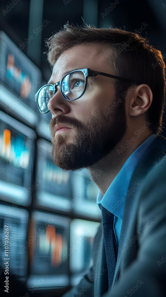 Poster A focused professional analyzing data on multiple screens in an office setting.
