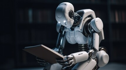 Obraz premium A Robot Reading in a Library: Exploring Artificial Intelligence and Knowledge