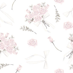 Seamless Pattern for Valentine's Day with Pink Roses Bouquet, Satin White Bow, Plant Leaves Branches, Watercolor Illustration for Design of Physical and Web Products such as Cards, Packaging, Bedding