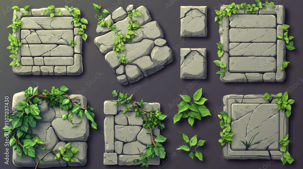 Poster stone game ui elements with jungle plant leaves and liana vines. cartoon vector set of rock frames a