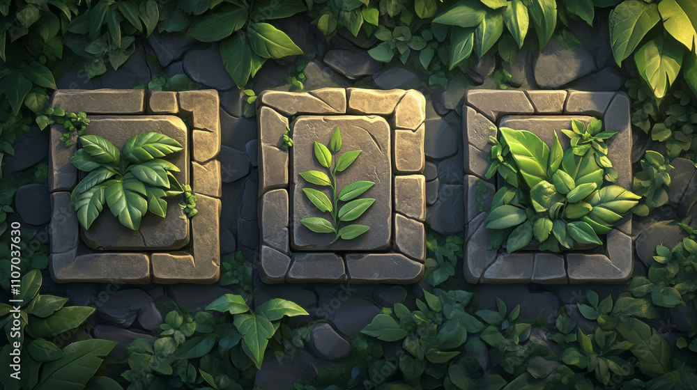 Poster stone game ui elements with jungle plant leaves and liana vines. cartoon vector set of rock frames a