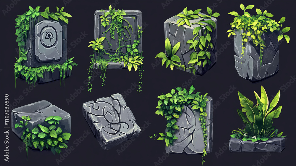 Poster stone game ui elements with jungle plant leaves and liana vines. cartoon vector set of rock frames a