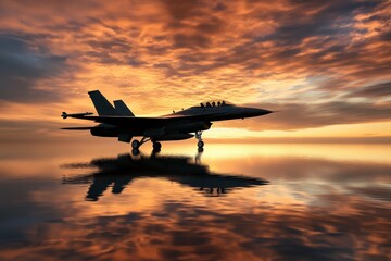 Fototapeta premium Majestic Military Jet Silhouette Against a Stunning Sunset Reflected on a Calm Water Surface, Evoking Power and Grace in a Sky Full of Colors