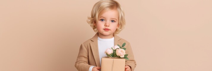 Fototapeta premium A young child is holding a gift box with a flower in it. The child is wearing a brown jacket and a white shirt. Concept of warmth and happiness, as the child is excited to give the gift to someone